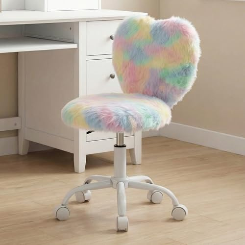 Kmax Kids Reading Chair, Rolling Cute Desk Chair for Girls Swivel Office Chair with Wheels & Heart Back Adjustable Childrens Vanity Chair for Bedroom Reading Room - Faux Fur, Various