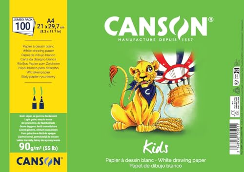CANSON Kids Dessin - Pack 100 feuilles A4-90g/m² - Grain léger - Blanc