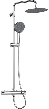 Duschsystem mit Thermostat, Wassersparendes Duschset mit 25cm Rund Regendusche, 3 Strahlarten Duschkopf, Brauseset mit Duschstange Schlauch, Dusche Komplettset, Chrom
