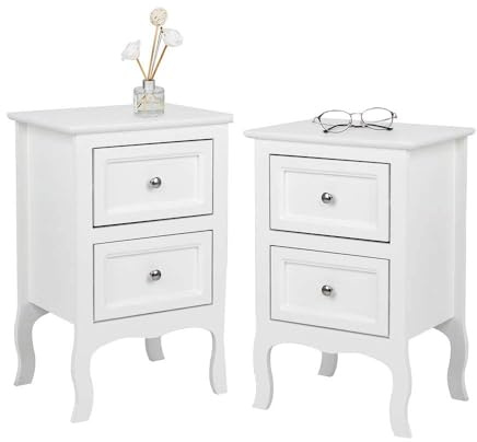 VINGLI Table de Chevet Lot de 2,Table de Nuit Blanche, Table D'Appoint avec 2 Tiroirs, Table de Chevet Bois, Table Chevet, Chevet de Lit, Commode Chambre, 40 x 30 x 60 cm