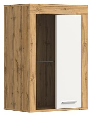 xonox.home Wohnzimmer Jam Vitrine Glasvitrine Dekoschrank Glas-Kommode Stauraumschrank Hängevitrine Standvitrine in Front weiß Melamin, Korpus Wotan Eiche Nb., ca.60x86x35 cm