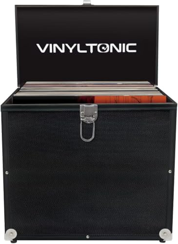 Vinyl Tonic Estuche de almacenamiento de discos de vinilo de 12 pulgadas, capacidad para 100 LPs, incluye paño de limpieza universal y 10 fundas protectoras de vinilo, negro, maletín
