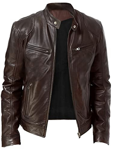 Chaqueta de cuero para hombre con cremallera, chaqueta de motociclista de polipiel, chaqueta de manga larga con piel de oveja para hombre, marrón, M