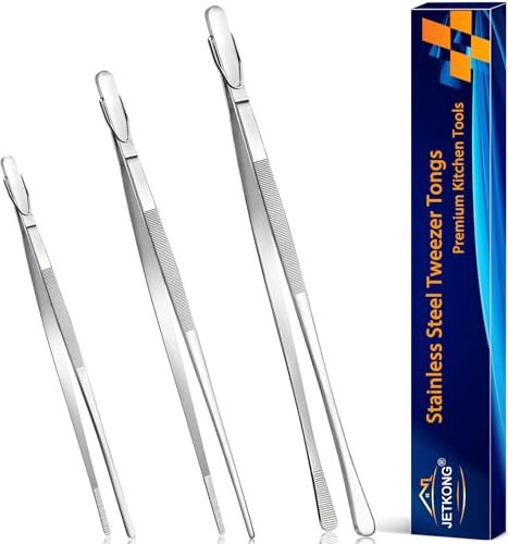 JETKONG 3 Pcs Kitchen Tweezers Tongs, Stainless Steel Cooking Tweezers, 8+10+12 Inch Ideal for meat, pasta, plating and pinching delicate small pieces of food (Silver)