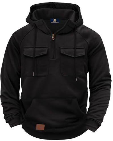 Herberton Mens Casual Athletic Hoodie Cozy Streetwear Pullover Tactical Cargo Utility Chest Pockets Quarter Zip Pocket Durable Versatile Classic Heavyweight Longsleeve Outdoor Hooded Shirt Black XL