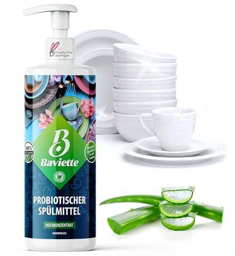 Baviette Detergente lavavajillas a mano con aloe vera, orgánico y probiótico, limpieza potente y suave para vajilla, aroma refrescante para un ambiente de cocina bien cuidado (500 ml)