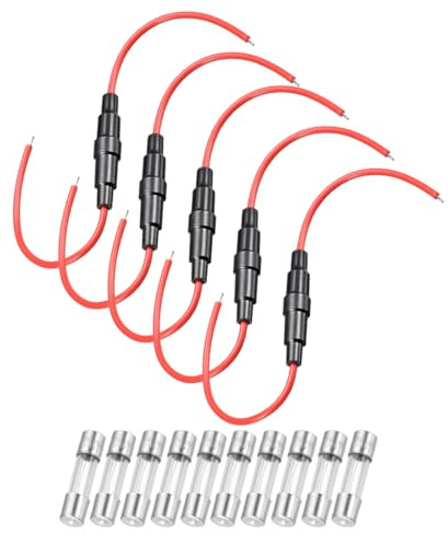 sourcing map 5Pcs 5x20mm Fuse Holder 18 AWG Wire with 10Pcs 25A Fuses | Inline Screw Type Fuse Holder ,Red Wire,Fast Blow Glass Fuses
