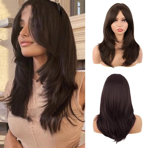 TYXHXTF 20 Pollici Lungo Dritto Marrone Stratificato Parrucche di Capelli Sintetici, Lungo Layered Con Frange Lisci Sintetico Fibra Shoulder Lunghezza Capelli per Quotidiano Parrucche Uso Quotidiano
