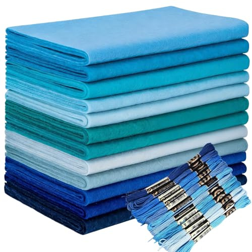 Wonninek 1.4mm Blue Felt Fabric Sheets 20.5 x 90cm, with Embroidery Floss | 12 Blue Assorted Colours, No Creases, Easy to Sew & Cut