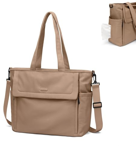 Bolsa Maternidad de Hombro, Bolsa de Pañales Multifunción 22L con Bolsillo Impermeable y Compartimento Aislado para Biberones, Convertible en Bolsa Cruzada y Bolso de Ocio, Marrón champán