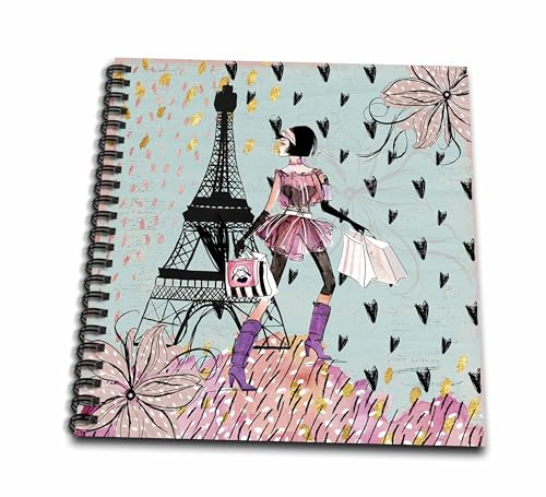 3dRose Paris Eiffel Tower and Trendy Girl with Shopping Bags Illustration Drawing Book, 8 x 8