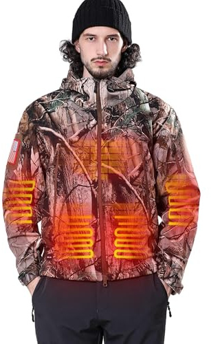 DEWBU Heated Jacket for Men with 12V Battery Pack Winter Outdoor Soft Shell Electric Heating Coat, Men's Tree, L