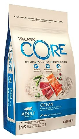 Wellness CORE Océan 4 kg, Saumon/Thon – Croquettes pour Chats Adultes, sans Céréales, Naturelles, Hypoallergénique, Riche en protéines, À Haute Teneur en Poisson, Peau Saine & Pelage Brillant