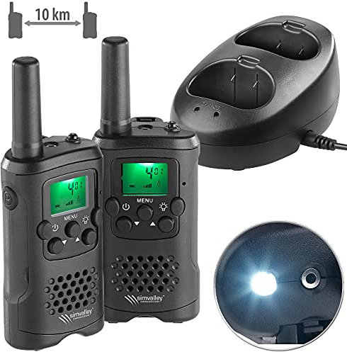 simvalley Communications Funkgeräte mit Batterie: 2er-Set Akku-PMR-Funkgeräte mit VOX, bis 10km Reichweite, Ladestation (10 km Reichweite, Set 10 km, Walkie Talki)