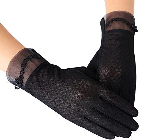 Damen Sonnenschutz Handschuhe,1 Paar Kurze Florale Spitze Handschuhe Anti-Rutsch Fahrhandschuhe,Sommer Sonnenschutz Touchscreen Handschuh für Hochzeit Abend Party Bankett Outdoor Radfahren(Schwarz)
