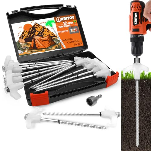 12 Pack Tent Stakes Heavy Duty - 8 Ground Anchors Screw in - Camping Stakes with Grow in The Dark Heads - Metal Threaded Tent Spikes with Hex Head Driver and Storage Box