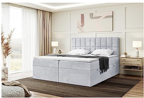 MEBLINI Boxspringbett mit Bettkasten - Gepolstert Doppelbett mit Matratze und Topper - Polsterbett mit Stauraum - Bett mit Kopfteil - Stauraumbett - Lukas - 160x200 - H3/Hellgrau Samt