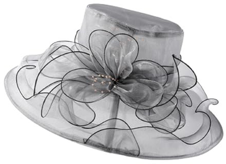 HIQIU Organza Hut Damen Breite Krempe Sommerhut Strandmütze, Ladies Elegant Sonnenhüte Fascinator Kirche Derby Hochzeit Party Hut (Grau)