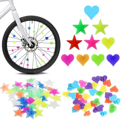RAMGLYO Reflektors pour Rayons de Vélo Enfant, Set de 70 pour Rayons de Vélo avec Designs en Forme de Cœur et d'Étoile, Yeux de Chat pour Vélo Enfant, pour Enfants, Colorés et Sécuritaires