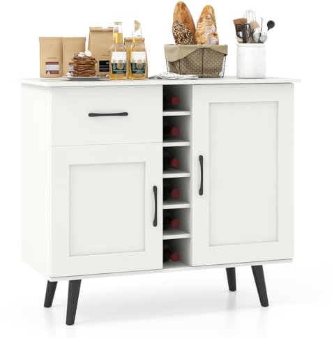 GIANTEX Aparador de Cocina con 2 Puertas, 1 Cajón, 2 Estantes Ajustables y Compartimentos para 6 Botellas de Vino, 90 x 40 x 79 cm, Armario Buffet para Comedor, Salón, Blanco