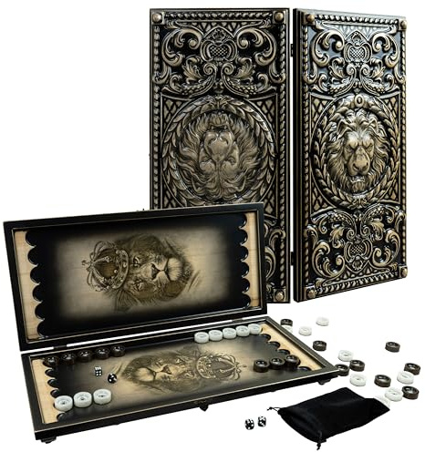 GROSS MEISTER® Premium Backgammon-trä med lejondesign och epoxihartslekstenar, handgjort backgammonspel, högkvalitativt träfodral med lekstenar