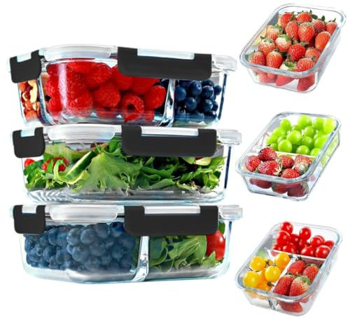 MINIMARG 3 Compartment Glass Food Storage Containers With Lids, Ideal Meal Prep Containers Reusable Bento Lunch Box Pack of 3 with lids - 1040ML Boxes Microwave, Dishwasher and Freezer Safe