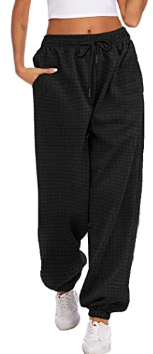 HOTOUCH Womens Joggers Waffle Trousers Ladies Elastic High Waisted Sweatpants Baggy Training Trousers Lounge Pants with Pockets Black XL