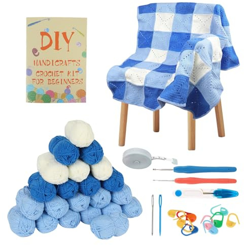 Crochet Kits for Beginners Adults, Granny Square Crochet Starter Kit with Yarn, Crochet Blocking Mat and Crochet Book, Beginners Crochet Kit for Adults and Children (Blue and White Square)