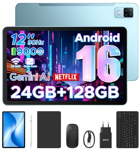 DOOGEE U12 Android 16 Tablet mit Tastatur, Gemini AI, 9000mAh, UNISOC T7255 Octa Core Tablet 12 Zoll, 24GB RAM+128GB ROM (2TB), 13MP+8MP,7,8mm Ultradünn, Tablets PC mit Maus, Stift, Hülle, Schutzfolie