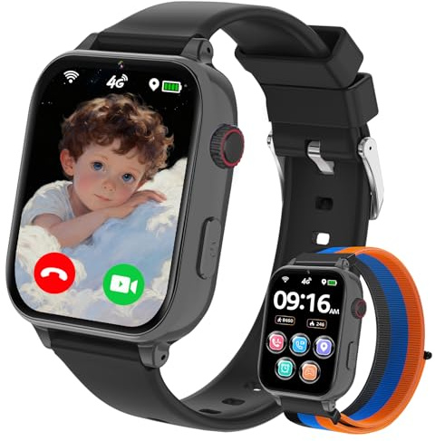 Smartwatch per Bambini GPS 4G, Orologio Bambino Bambina con Telefono, Videochiamata Chat Vocale Sveglia Contapassi Camera Modalità Classe Gioco, Smartwatch per Ragazza e Ragazzo 4-12 Anni Regalo, Nero