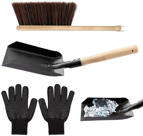 Juego De Limpieza Para Chimenea | Incluye Guantes Con Mango De Madera Y Metal - Kit De Pala Carbón Y Cepillo Chimenea - Para Estufa De Leña Carbón Hogar Fogata Interior Casa Jardín