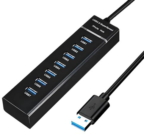 Hub USB 3.0 7 Ports Alimenté avec Câble 1,5 m, Hub-USB Multiport 5Gbps pour PC Portable Laptop MacBook, Extension USB Plug and Play pour Clavier Souris Disque Dur Clé USB Imprimante Accessoires Bureau