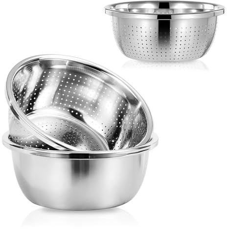 3 Stück Edelstahl Seiher Schüsselset, Ø26/22cm Küchensieb 26cm Rührschüssel Nudelsieb Durchschlag Sieb Set Reissieb Metallsieb zum Waschen von Reis Salat Obst Gemüse