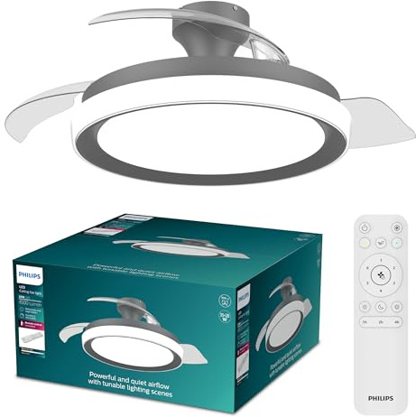 Philips Bliss Lámpara de Techo con Ventilador Aspas Retráctiles LED, 3 Aspas, 106 Cm de Envergadura, 4500 Lúmenes, Luz Blanca Ajustable de 3000 K a 6500 K, Regulable al 5%, Mando a Distancia, Negro