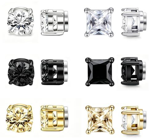 Hinvan 6 Paia Set Orecchini Uomo Magnetici Calamita Quadrati Acciaio Inossidabile Bambina Clip Orecchini Donna Senza Buco Finti Diamante Zirconi Non Piercing