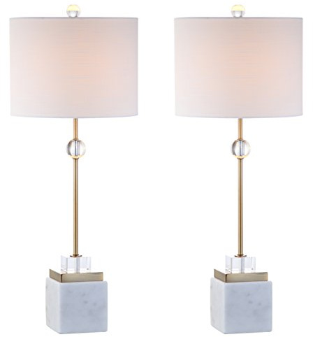 JONATHAN Y 30 White Marble and Brass Gold LED Table Lamp Set of 2, Modern Glam Crystal Pedestal Lamps for Living Room Bedroom, White Linen Shade, LED Bulbs Included JYL5008A-SET2