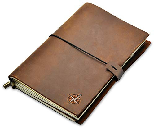 WANDERINGS A5 Notizbuch Leder - Din A5, 22x15cm - Nachfüllbares Reisetagebuch Aus Echtem, Handgefertigtem Leder - Tagebuch, Notizbuch, Skizzenbuch Oder Lebensplaner - Leather Journal Mit Blankopapier