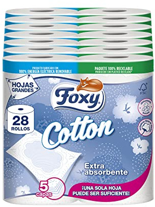 Foxy Cotton Papel higiénico, 28 rollos, 5 capas con verdaderas fibars de algodón, Certificación FSC, Paquete reciclable producido con plástico reciclado