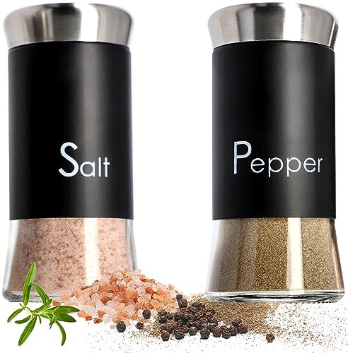 KADAX Saliera e Pepiera, 150 ml, set da 2 pezzi, Saliera in Vetro, Saliera in Acciaio Inossidabile, Pepiera con Coperchio Misto, Set Sale e Pepe, Spargispezie, Barattoli di Spezie (nero)