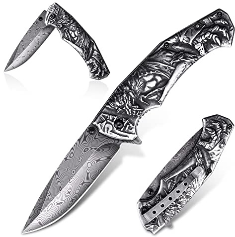 Purple Dragon Damast Klappmesser Zweihand mit 3D Werwolf Reliefgravur, Coole Damastmesser Muster Taschenmesser Camping Messser Outdoor, Geschenk für Männer