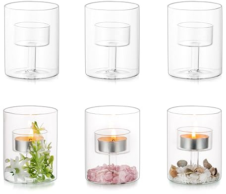Glasseam Glass Tealight Candle Holder: Small Hurricane Cylinder Votive Holder Set of 6 Modern Table Centerpiece Wedding Christmas Party Decorations, 3.15