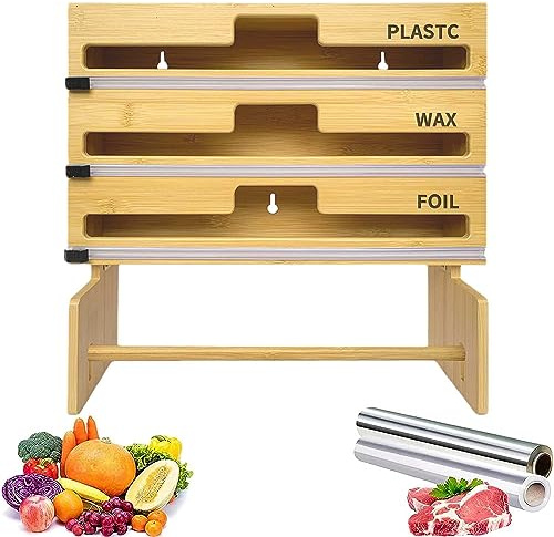 Organizador de papel de cocina con dispensador de película adhesiva y cortador – Soporte de papel de aluminio de bambú para rollos de 12 pulgadas, soporte para toallas de papel para cajones o armarios