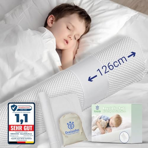 Dreisohn® Aufblasbarer Bett-Rausfallschutz (126 cm, inkl. Stoffüberzug und Baumwollbeutel) – Tragbares Bettgitter und Absturzsicherung für Kinder – Ideal für Reisen und Zuhause