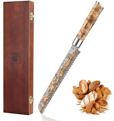 zayiko MysticMagma 20cm Brotmesser Wellenschliff aus 67 Lagen Damaststahl und VG10 Kern I Brotschneidemesser mit Kupfer- und Bronzeeinlagen Ahornwurzelholzgriff I Küchenmesser in Geschenkbox I Messer