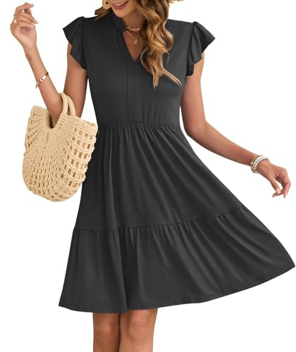 AUSELILY Vestido Mujer Verano Mangas con Volantes Vestidos con Bolsillos | Vestidos Playa Cuello en V Minivestido Cintura Elástica Elegante Informal Leicht Corto Hasta la Rodilla