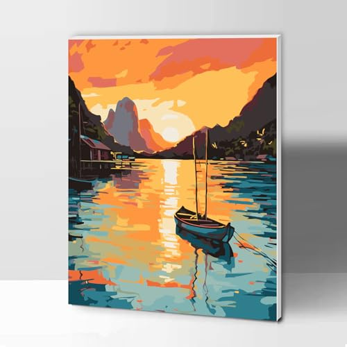 Modojuny Framed Paint by Numbers Kits for Adults & Kids - DIY Painting by Numbers Kits with Acrylic Paints & Brushes - Gift & Wall Decor - 12x16inch Sunrise Scenery - Age 9+