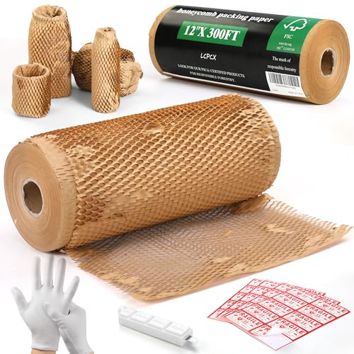 LCPCX FSC Honeycomb Packing Paper Roll, Paper Bubble Wrap for Moving | FSC Certified 12x300ft Honeycomb Packing Paper with 40 Fragile Labels, Cutter & Cotton Gloves for Moving and Parcels