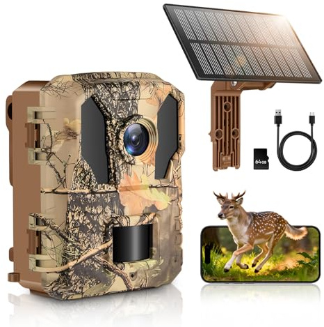 MYPIN Caméra de Chasse 4K 64MP avec WiFi, Énergie Solaire et Vision Nocturne | Batterie Integrée 5000mAh, Étanche IP66, Détection de Mouvement | Carte Mémoire 64GB Incluse