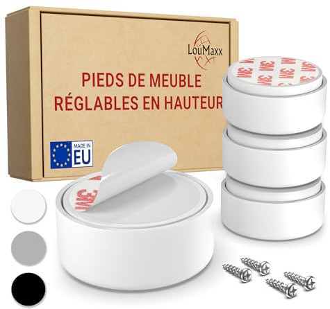 LouMaxx Pied de Meuble Réglable Blanc – Lot de 4 Pieds pour Meuble Ø 55,5 mm – Rehausseur de Meuble Plastique à Coller ou Visser – Pieds Réglables INCL. Montage