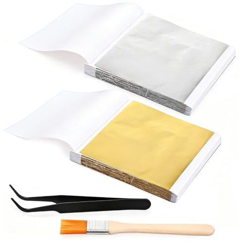 200 Pieces Gold Leaf Sheets, Gold Foil Flakes Imitation Leaf Sheets for Crafting, Art & DIY Projects, Picture Frames, Home Walls, Interior, Nails, Furniture Home Decor, 8 x 8.5 cm (Gold, Sliver)